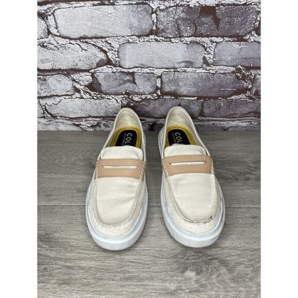 Cole Haan White Canvas Fabric Tan Penny Casual Slip On Shoes Women 6.5M US/37EU - Picture 12 of 16